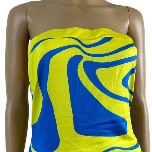 Women Bodycon Strapless Dress Large Yellow Blue Midi Stretch Backless - Picture 7 of 15